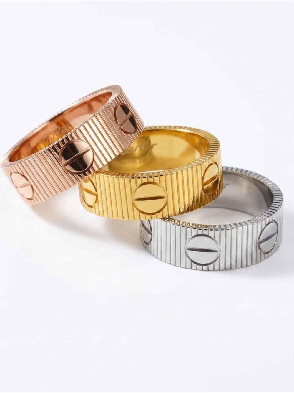 18K Gold plated LOVE Ring ScrewMotifs Ribbed Band Size 6.5